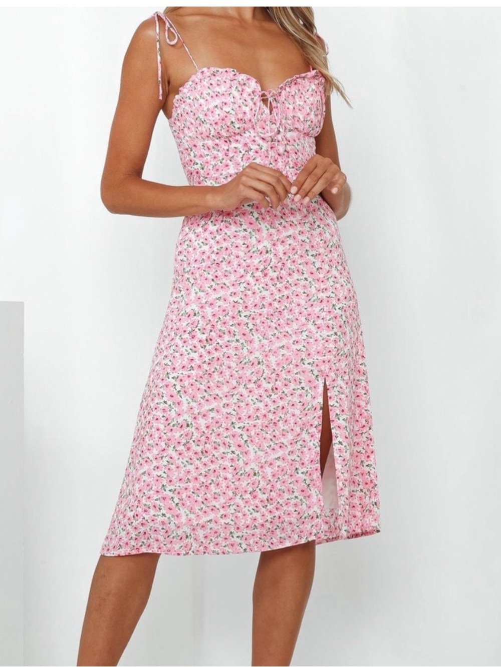 Hello Molly - Pink Floral Midi Dress with Tie Straps